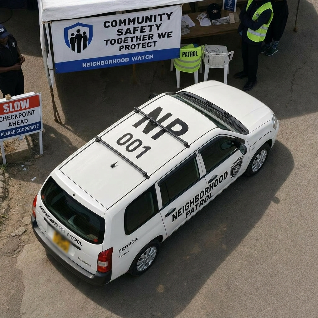 Aerial view of Toyota Probox Neighborhood Patrol van at checkpoint